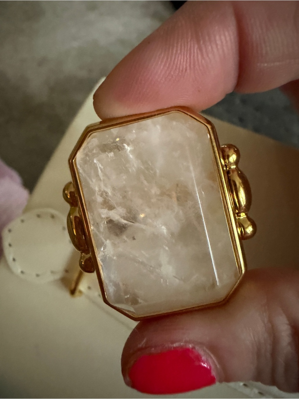 Gold-Plated Rectangular White Quartz Statement Ring